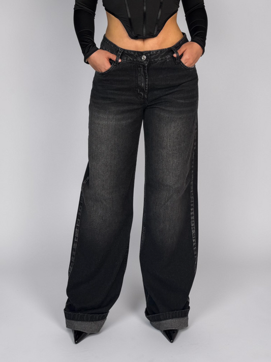 Wide Leg Tiro Bajo Negro Mujer