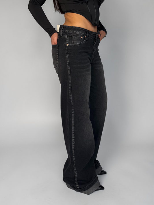 Wide Leg Tiro Bajo Negro Mujer