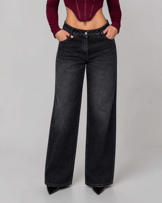 Wide Leg Tiro Bajo Negro Mujer