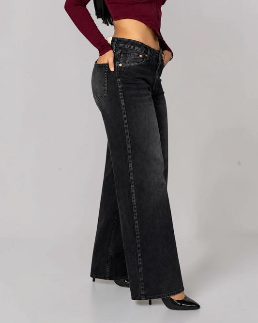 Wide Leg Tiro Bajo Negro Mujer