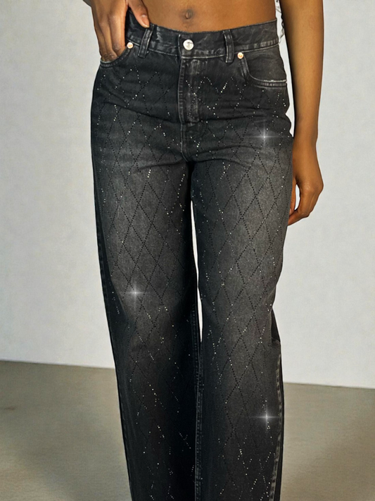 Jean Brillos en Rombo Wide Leg Tiro Bajo Mujer