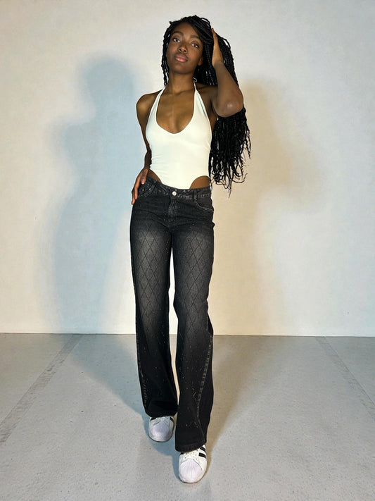 Jean Brillos en Rombo Wide Leg Tiro Bajo Mujer